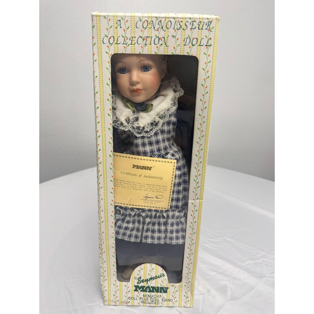 Seymour Mann Connoisseur Collection Porcelain Doll Blue Checkered Dress Stand